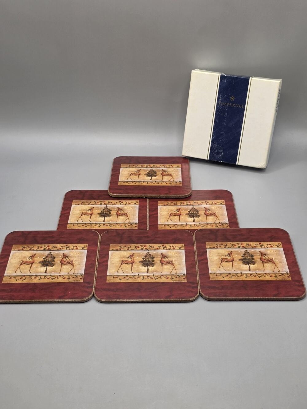 VTG Pimpernel Christmas Tree Cork Backed Coasters Brick Reds Reindeer Set of 6
